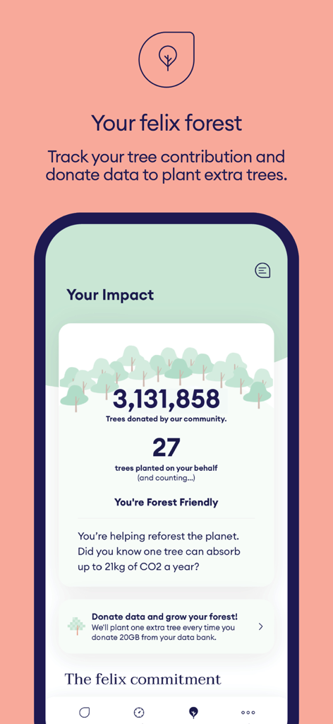 Felix mobile app interface showing trees planted and personal environmental impact tracking