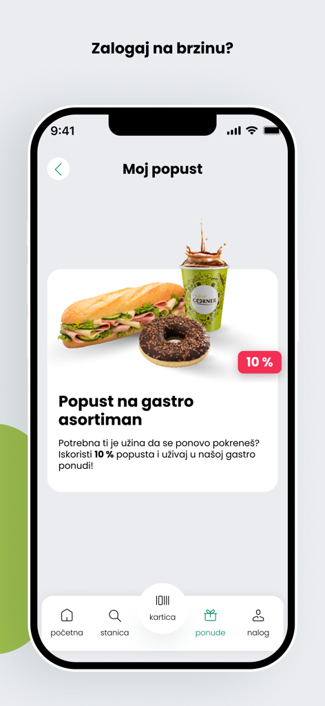 Pantalla de la app MOL Move Srbija mostrando un descuento del 10% en artículos de gastronomía como sándwiches y donuts