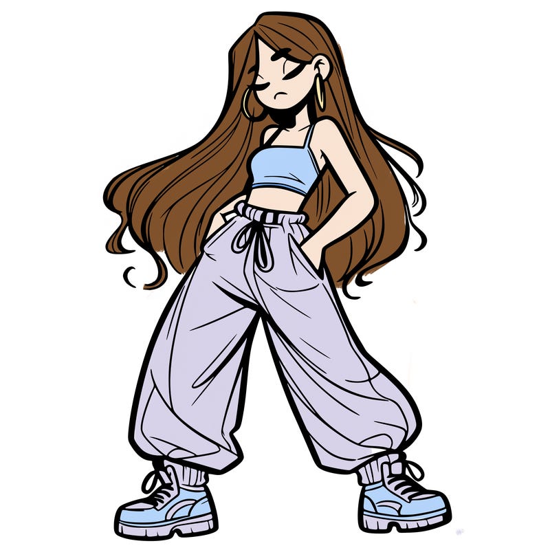 girl in baggy pants crop top and long hair