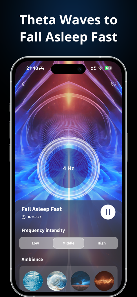 Binaural Beats Healing Sleep - Smartphone interface of Binaural Beats Healing Sleep app playing 4Hz Theta waves for falling asleep fast.