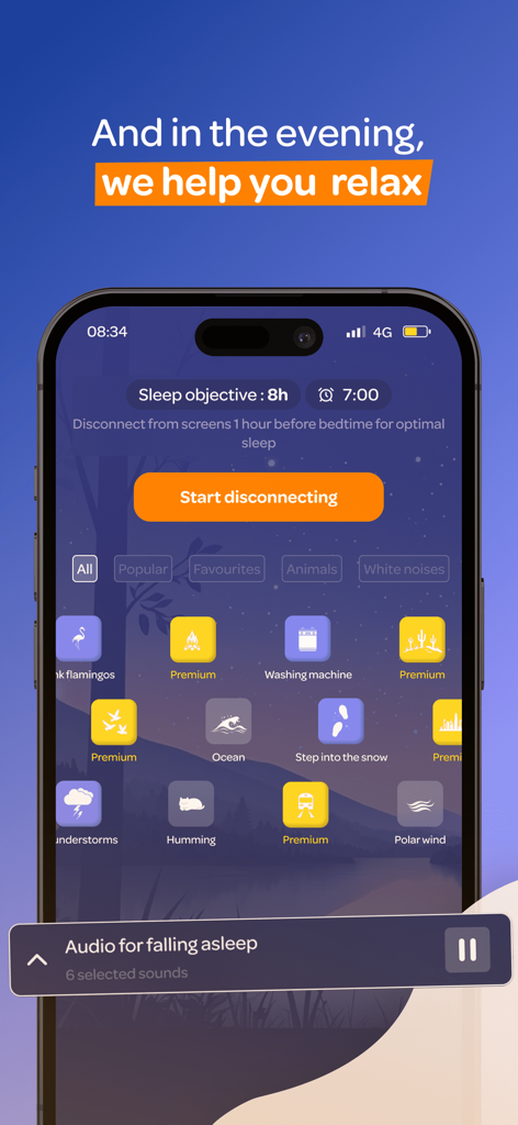Personal Morning Routine WayUp - WayUp app screen featuring relaxing audio sounds for falling asleep and evening routine management