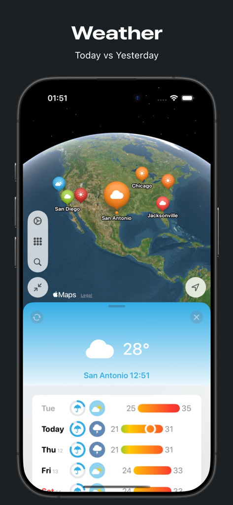 Global weather forecast on a 3D globe comparing today and yesterday weather conditions