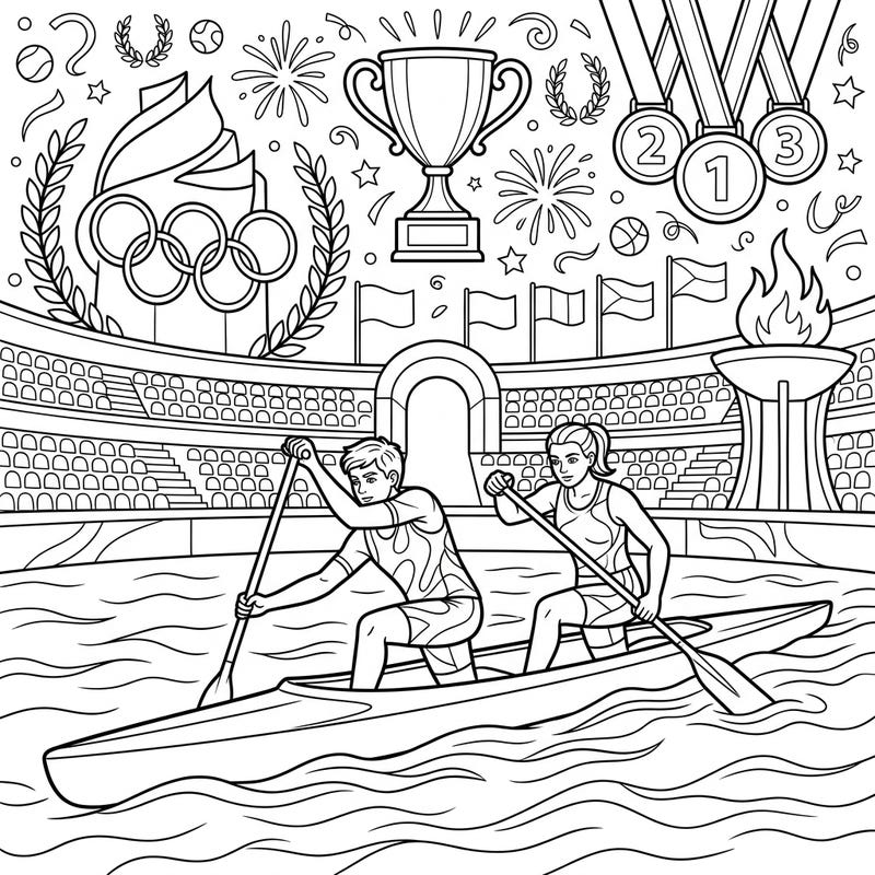 Get ready to color the thrill of a major sports event with this dynamic canoeing scene. Featuring two athletes powerfully paddling in a canoe, surrounded by iconic Olympic symbols and a bustling stadium atmosphere.