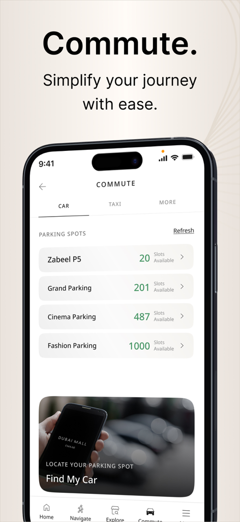 실시간 주차 공간 이용 가능 여부 및 차량 찾기 기능을 보여주는 두바이 몰 앱 통근 화면