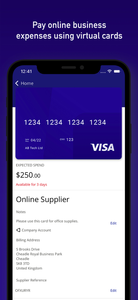Visa Commercial Payアプリ画面にオンラインサプライヤー経費用のバーチャルビジネスカードが表示されている