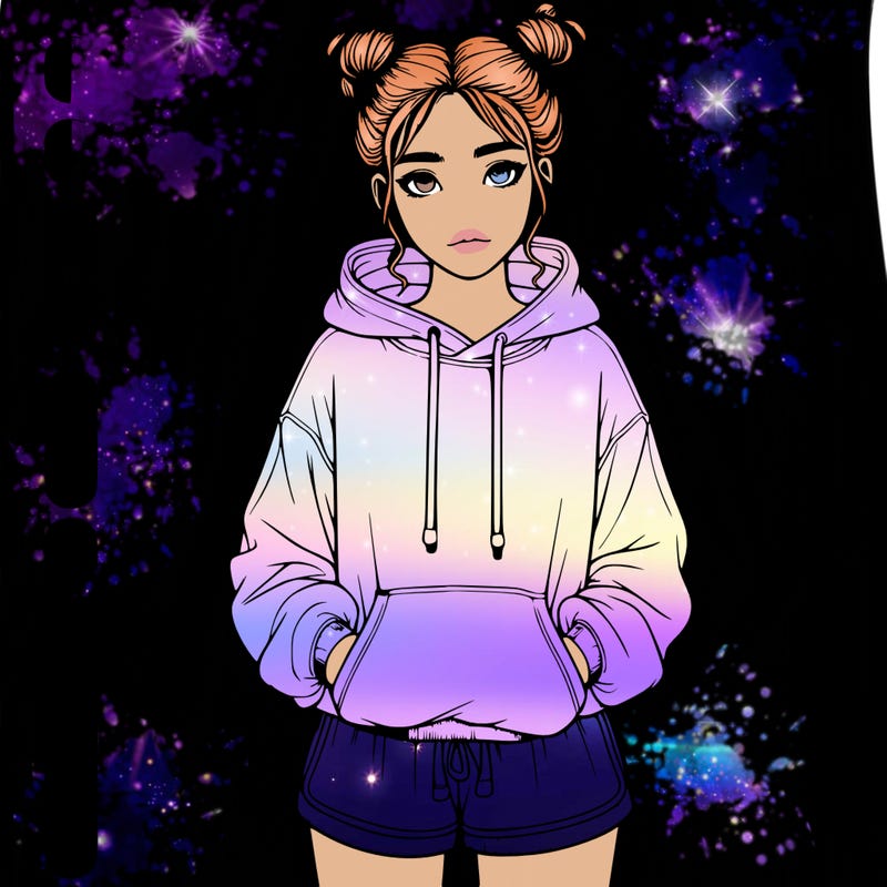 realistic girl with her hair up in two buns wearing a baggy hoodie and shorts