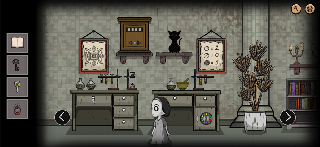 Un personaje en una habitación misteriosa resolviendo puzzles de lógica con un gato negro y símbolos crípticos en la pared