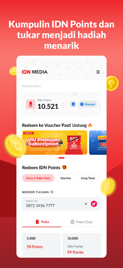 The IDN App interface showing a user's points balance and various options to redeem them for rewards like vouchers, mobile data, and cash.