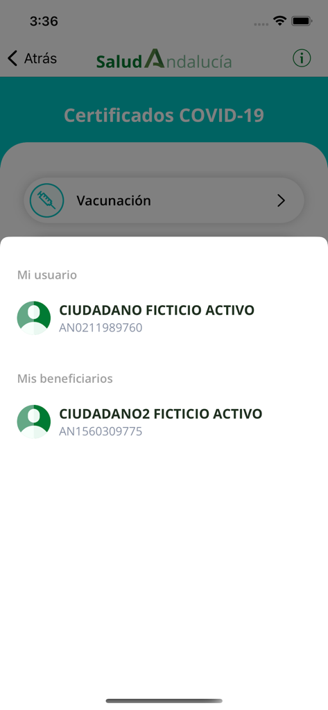 Salud Andalucía - Salud Andalucia app interface for managing COVID-19 certificates for users and beneficiaries.