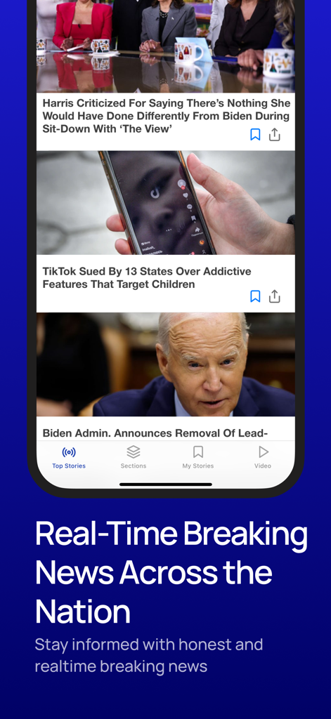 OANN app interface showing a feed of real-time political and national news headlines