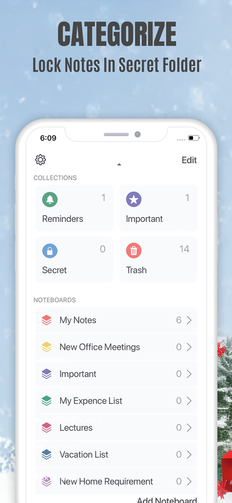 Sticky Notes App Remind Widget - Mobile app interface showing note categorization and a locked secret folder for private memos