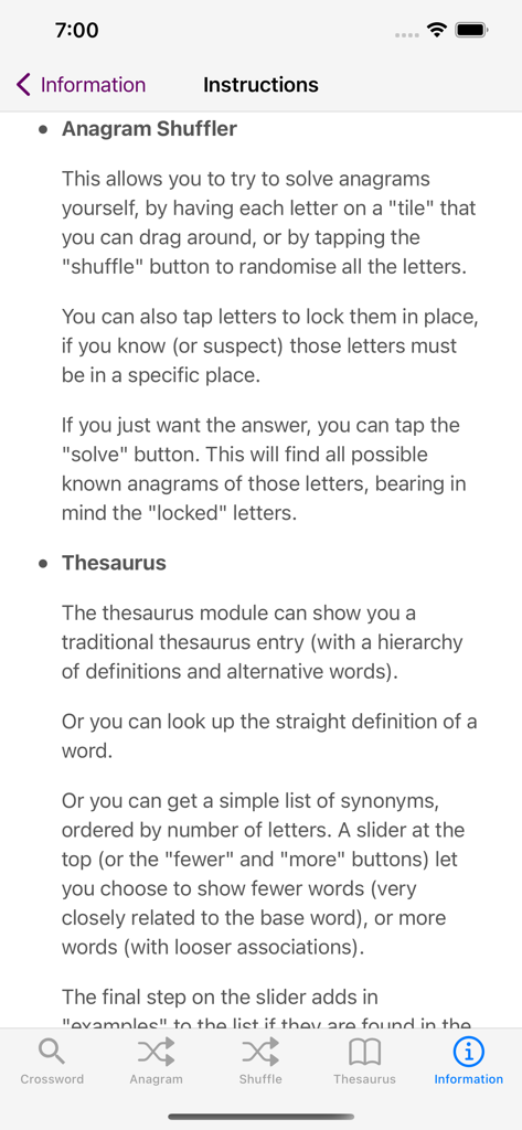 Instructions for using the anagram shuffler and thesaurus