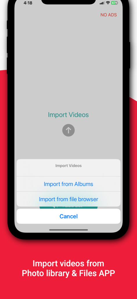 video to audio, audio cutter - 오디오 추출을 위한 사진 라이브러리 및 파일 브라우저에서 동영상 가져오기 옵션을 보여주는 인터페이스