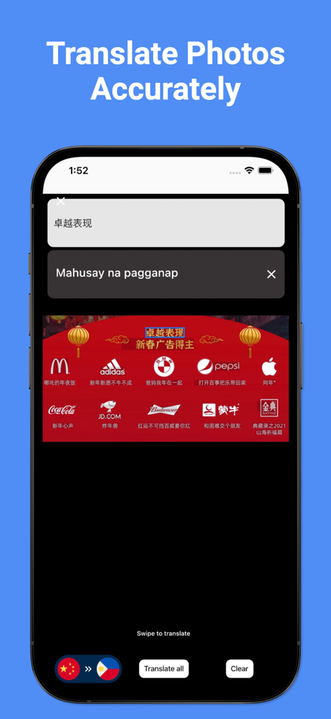 Función de traducción de fotos en la aplicación Traductor de Tagalo y Filipino traduciendo texto chino a tagalo.