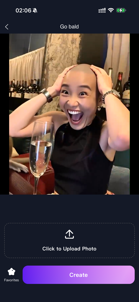 AI VidEff - Magical Video - AI VidEff app interface showing the Go bald filter with a laughing bald woman