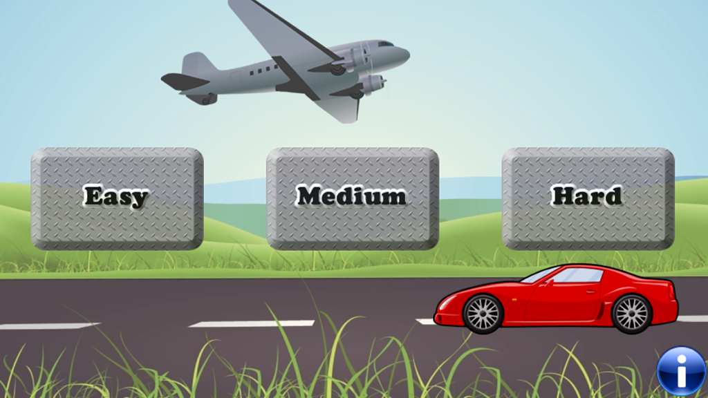 Vehicles Games for little Kids - Difficulty selection menu for a kids vehicle educational game with Easy Medium and Hard levels