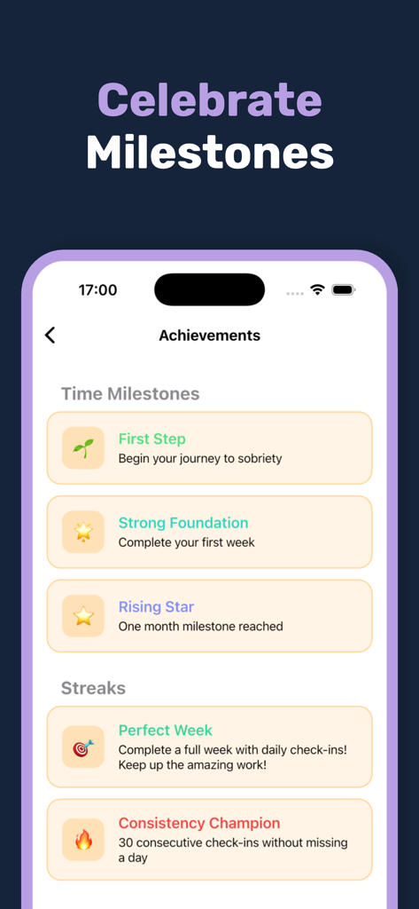 Sober Tracker: Quit Alcohol - Achievements and milestones screen in the Sober Tracker app displaying badges for sobriety progress
