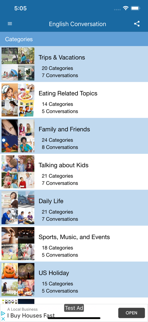 Speak English Conversation - A screen showing various English conversation categories like Trips and Vacations, Eating Related Topics, and US Holidays.