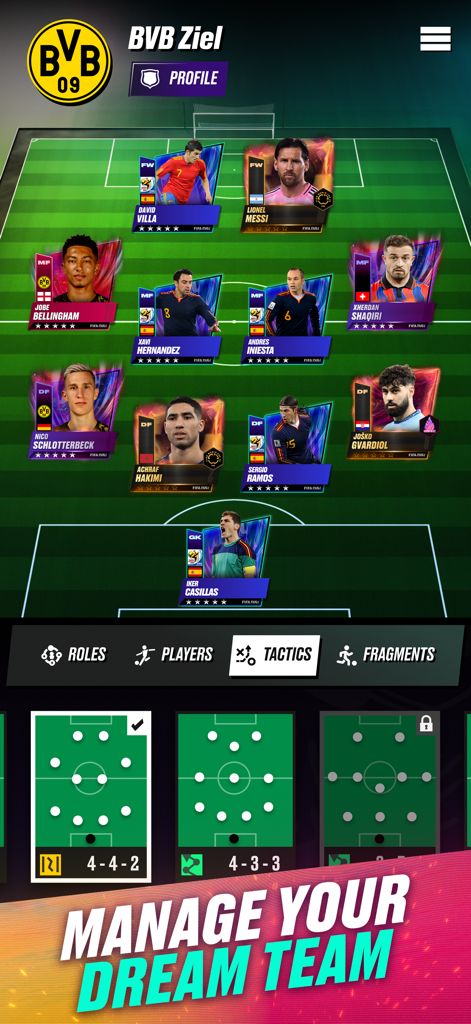 Pantalla de gestión de equipo del juego móvil FIFA Rivals mostrando cartas de jugadores de fútbol en una alineación.