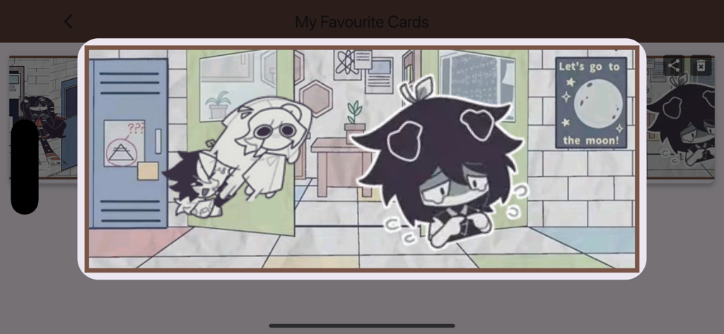 A preview of a custom character creation in the favorite cards gallery with a school hallway background.