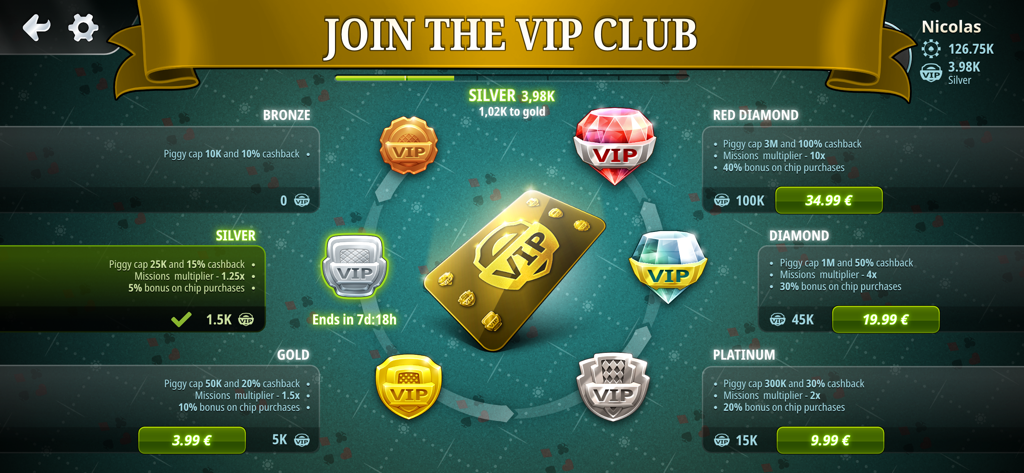 Blackjack 21-Spielbildschirm, der VIP-Club-Ränge und Mitgliederbelohnungen anzeigt