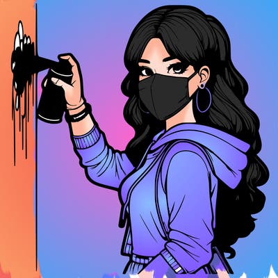 realistic girl with mask spray painting a wall