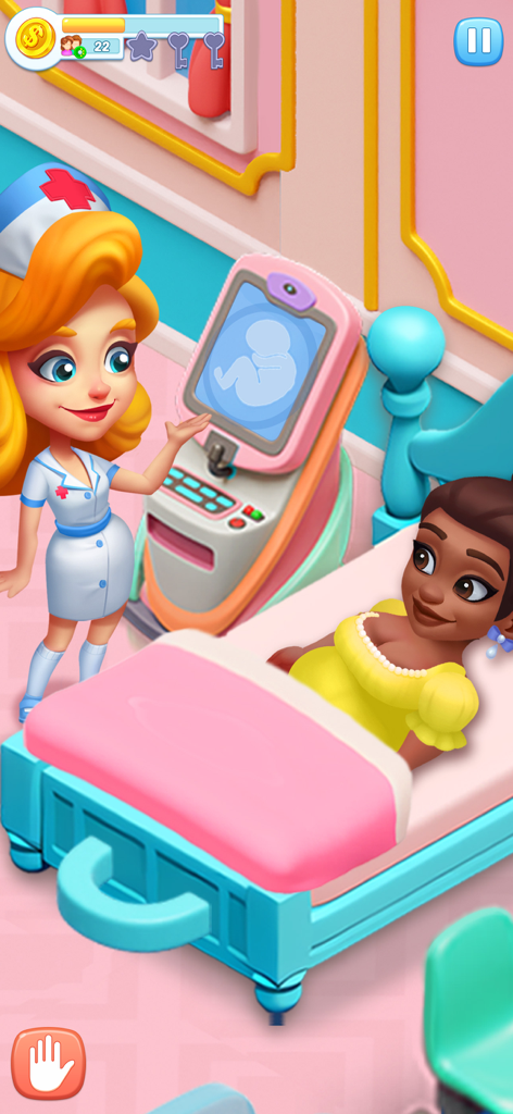 病院のベッドで妊娠中の患者に超音波検査の画面を見せる漫画の看護師