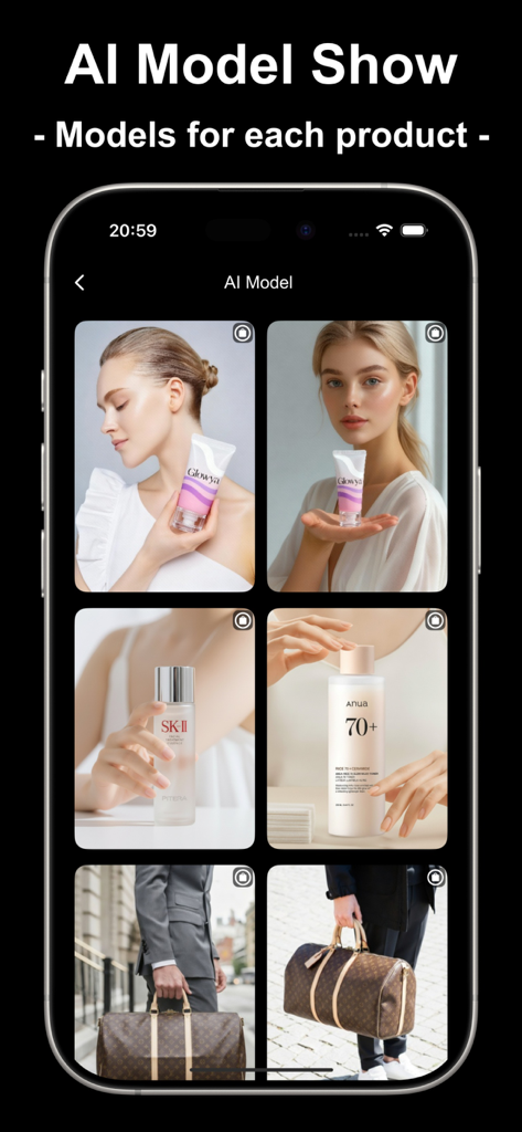 Glowya：AI Photo & Video Editor - Glowyaアプリの画面で、スキンケアやラゲッジなどの様々な商品を手に持ち、マーケティングビジュアル用にAI生成されたモデルが表示されている