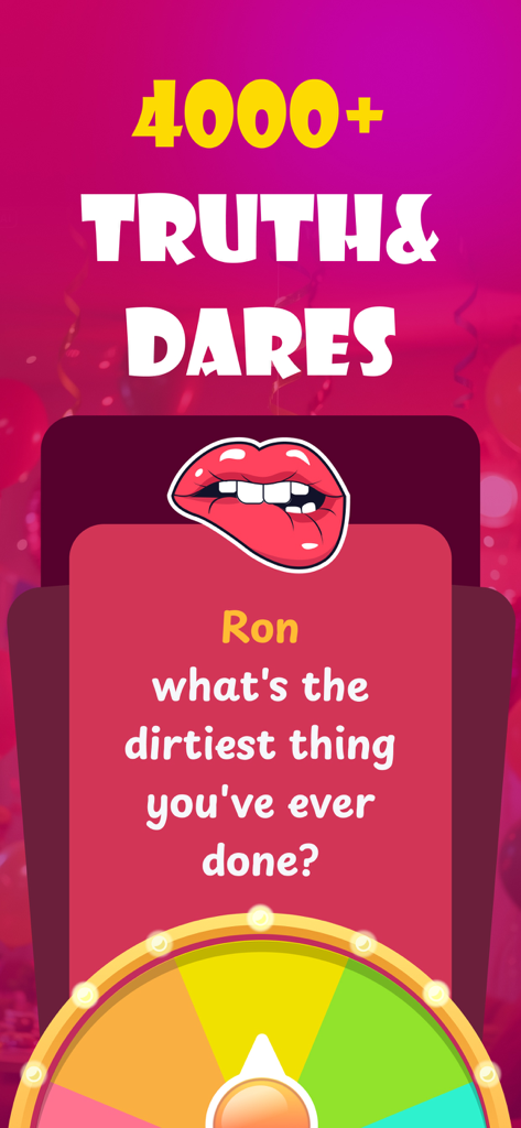 Interfaz de la aplicación Verdad o Reto mostrando una tarjeta de pregunta picante con un par de labios mordiendo y una mecánica colorida de girar la rueda