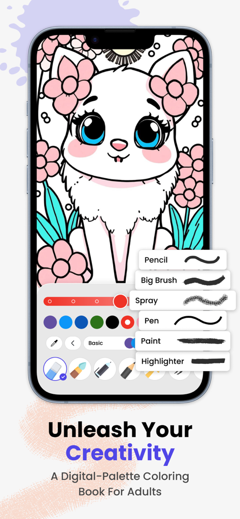 Drawee - Adult Colouring Book - Mobile app interface of Drawee coloring book showing a cat illustration and digital art tools