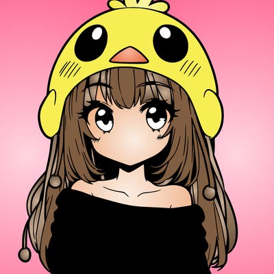 anime girl with chick shaped hat with sweater with bare shoulders with bangs covering them one eye with low tail