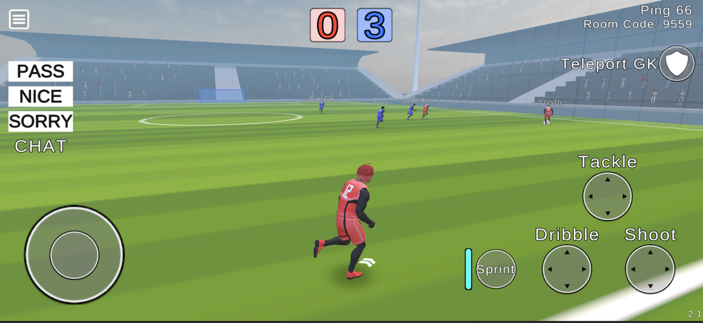 Third-person gameplay view of Unmatched EGO showing a soccer match with on-screen touch controls for dribbling and shooting
