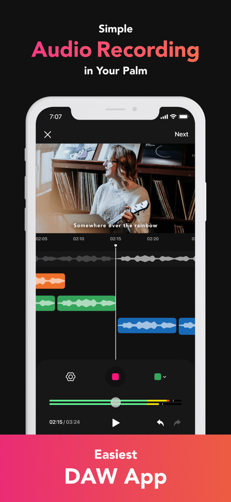nana - co-creation platform - - Écran de smartphone montrant l'éditeur audio multipiste et l'enregistreur vidéo dans l'application musicale nana.