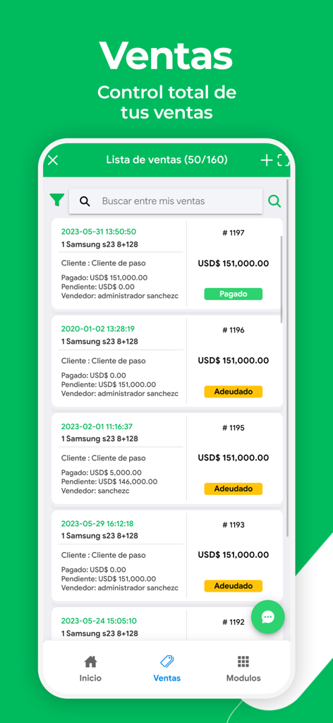 Ventas CLOUD - Pantalla de la aplicación móvil Ventas CLOUD que muestra una lista detallada de ventas con estados de transacción y montos de pago