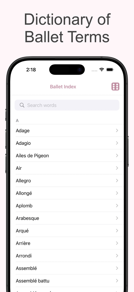 Ballet Lite - Captura de pantalla de la aplicación Ballet Lite que muestra una lista alfabética de términos de ballet en su diccionario.