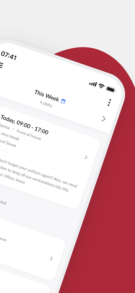 MyZimply mobile app interface displaying a weekly work schedule and employee shift details