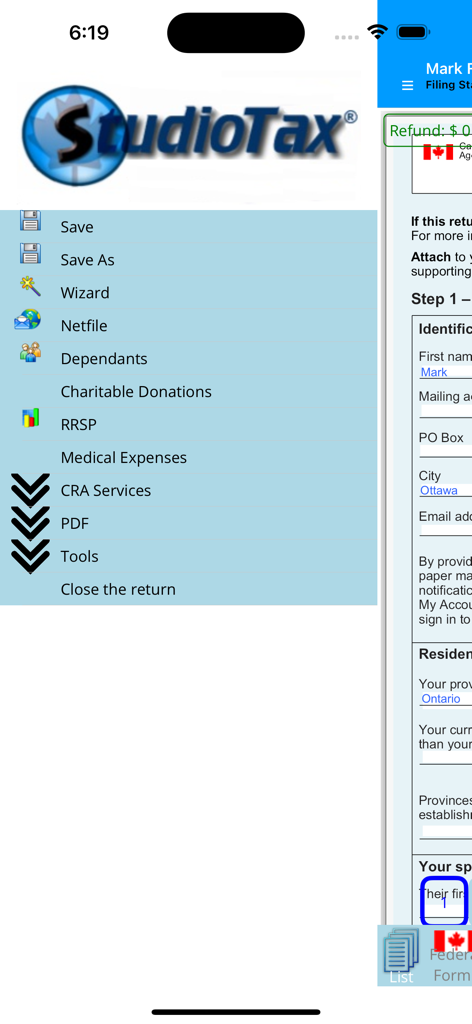 StudioTax 2025 - Menú lateral de la aplicación StudioTax 2025 que muestra funciones de presentación de impuestos como Netfile y RRSP