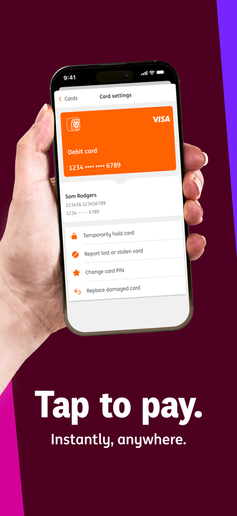 ING banking app card settings screen showing debit card management options and tap to pay text