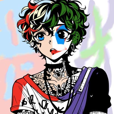 teen anime boy with curly hair  goth shirt lots of tattos and piercings