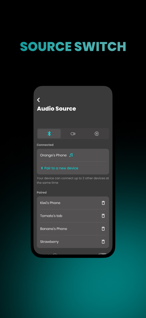 AKG Headphones app screen showing the audio source switch interface with a list of connected and paired bluetooth devices.