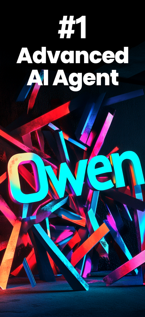 Owen 3 Advanced AI Agent promotional banner featuring glowing neon text on a dark abstract background