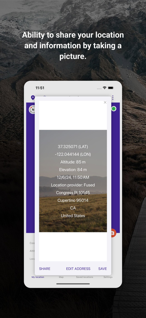 My Altitude and Elevation GPS - My Altitude app screenshot showing a photo with overlaid GPS coordinates and elevation data for sharing.