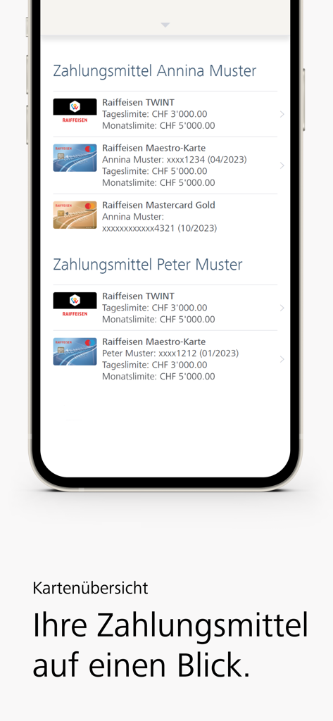 Pantalla de la aplicación móvil Raiffeisen E-Banking que muestra los métodos de pago y tarjetas disponibles de un vistazo.
