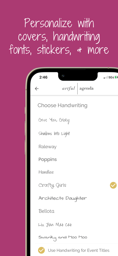 Artful Agenda - Artful Agenda handwriting font selection screen