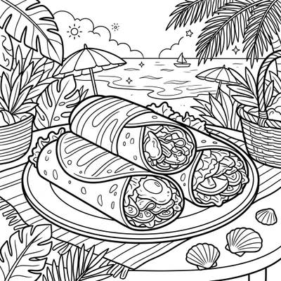 Get ready for a delicious escape with this summer-themed breakfast burritos coloring page! Imagine enjoying a hearty meal by the sunny beach as you bring this vibrant scene to life.