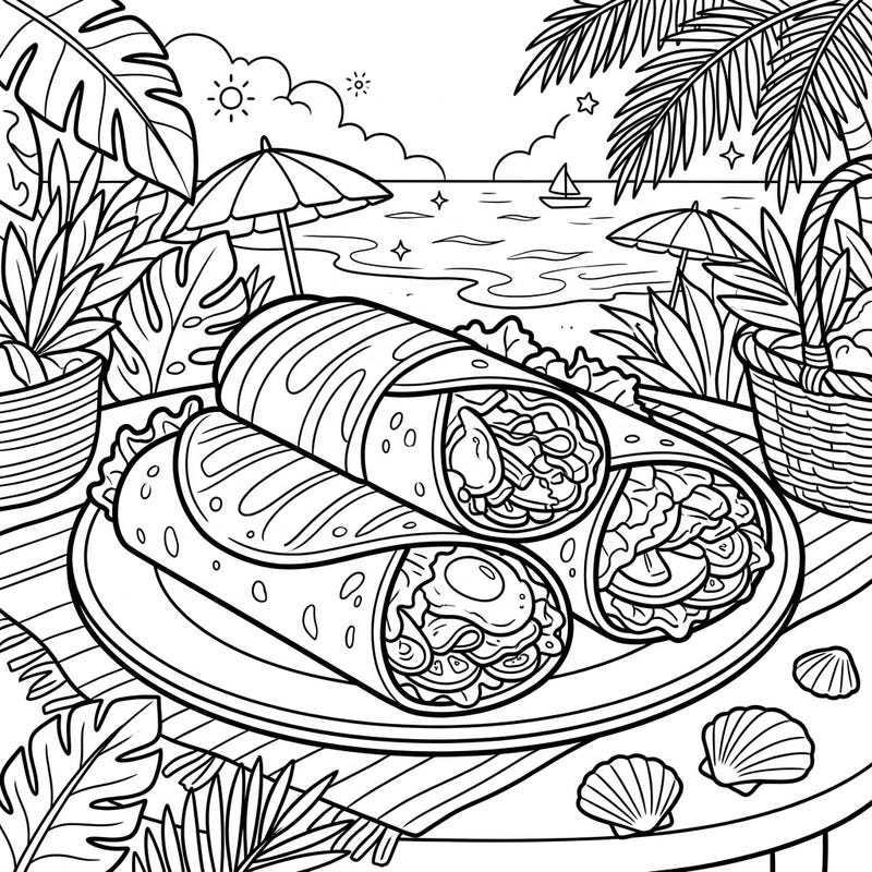 Get ready for a delicious escape with this summer-themed breakfast burritos coloring page! Imagine enjoying a hearty meal by the sunny beach as you bring this vibrant scene to life.