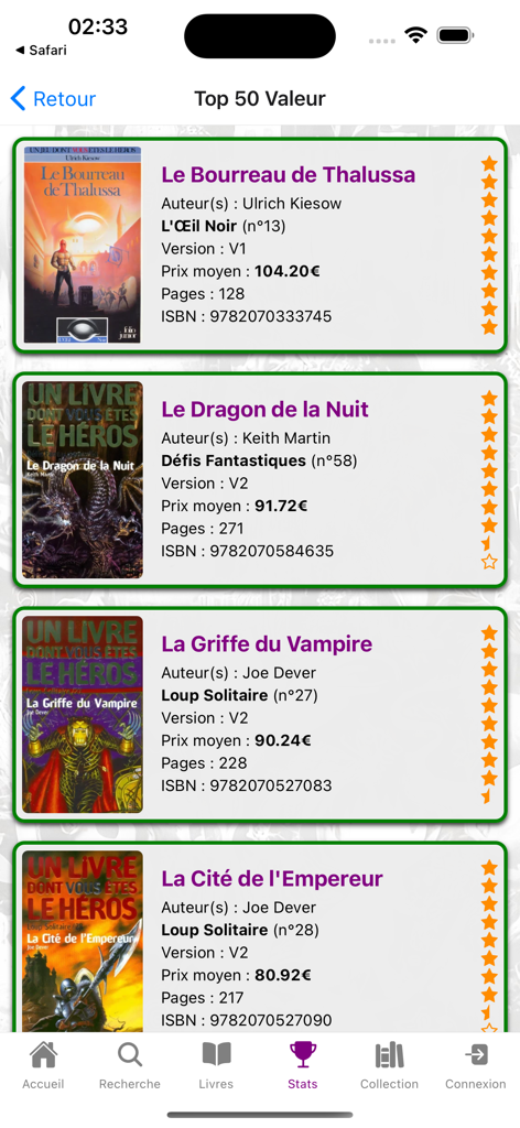 Pantalla que muestra los 50 librojuegos más valiosos en la aplicación Collection LDVELH