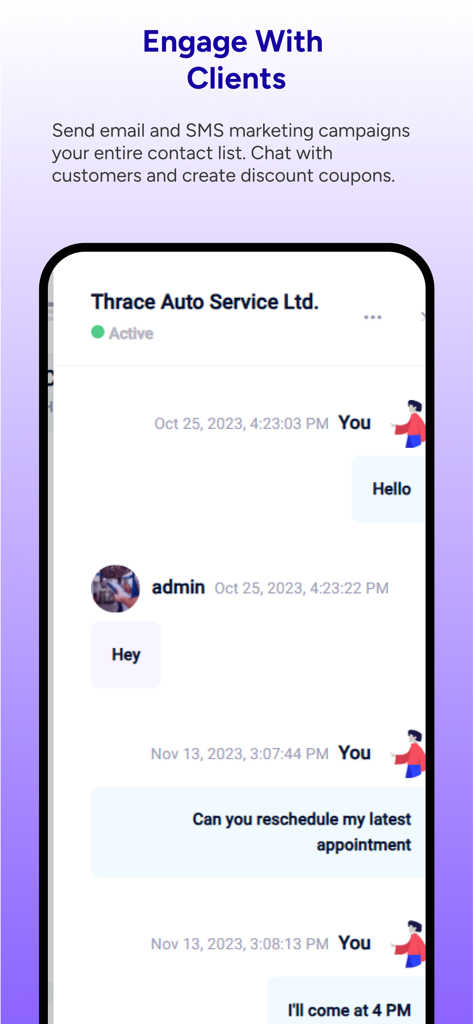 Interfaccia di chat e coinvolgimento clienti dell'app di riparazione auto ARI