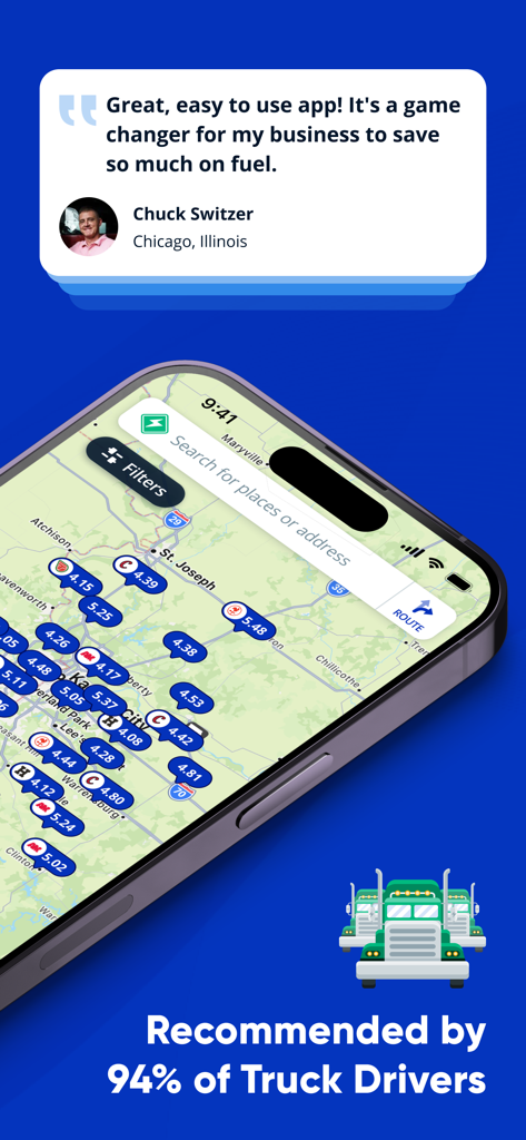 Mudflap - Mudflap app interface showing fuel price map and a testimonial from a truck driver about business savings.