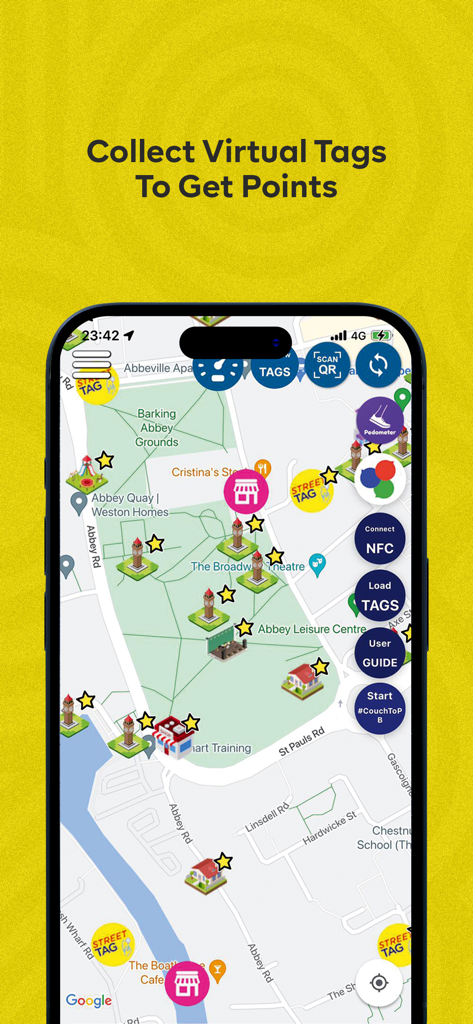 Street Tag - Street Tag app map interface showing locations to collect virtual tags and earn points